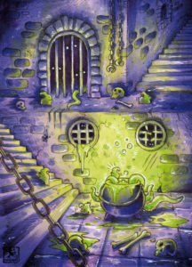 Ein violett-gelbes Fantasymotiv mit einem Kerker und einem blubbernden Kessel
