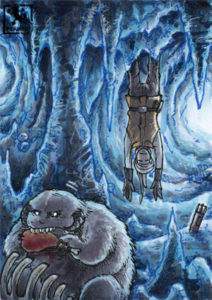 Eine bläuliche Eishöhle in der der Protagonist Luke Skywalker bewusstlos hängt und im Vordergrund ein dicker grässlicher Wampa etwas frisst.